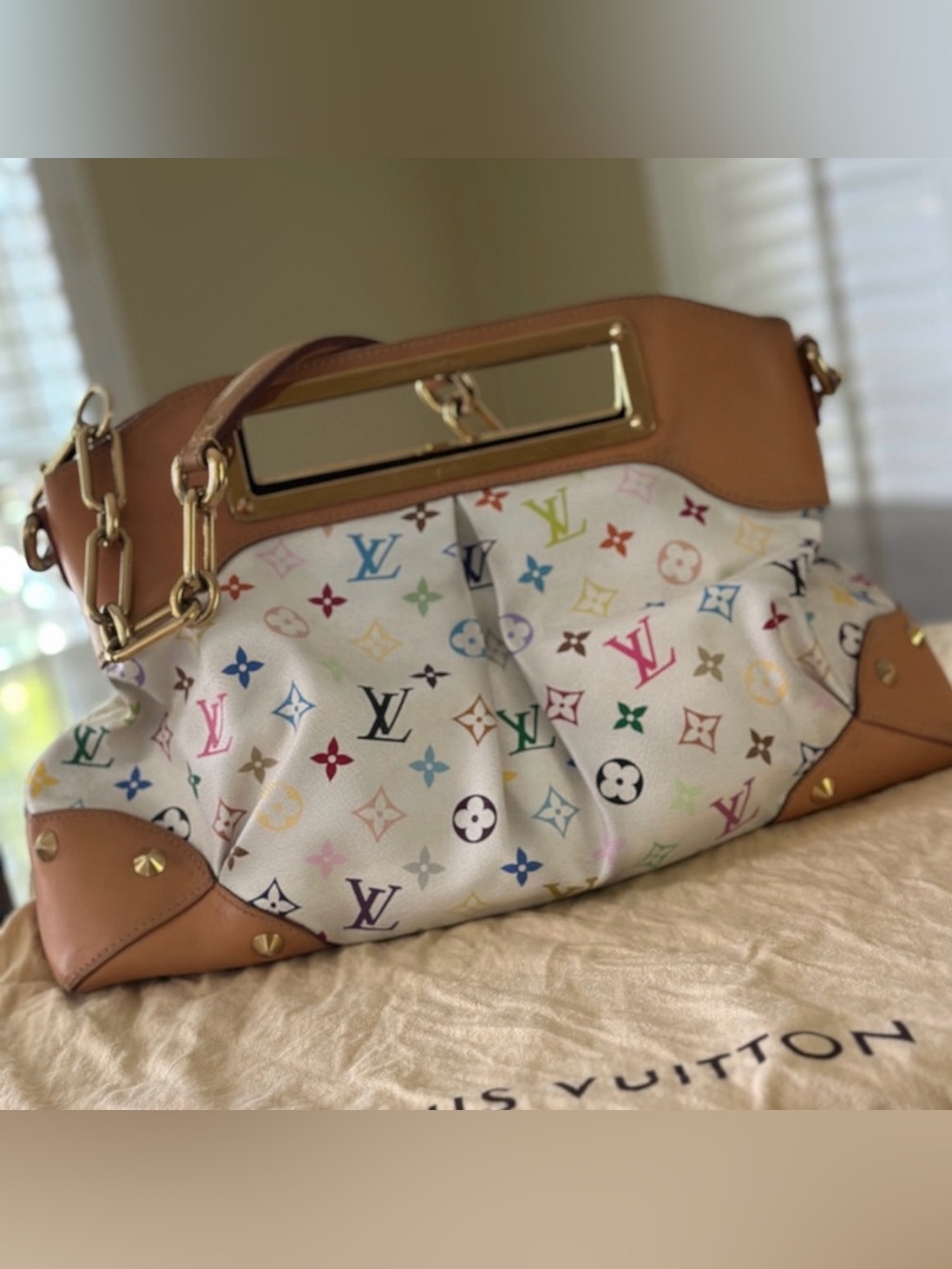 Louis Vuitton White Multicolor Murakami Monogram Judy Shoulder Bag with Tan Trim